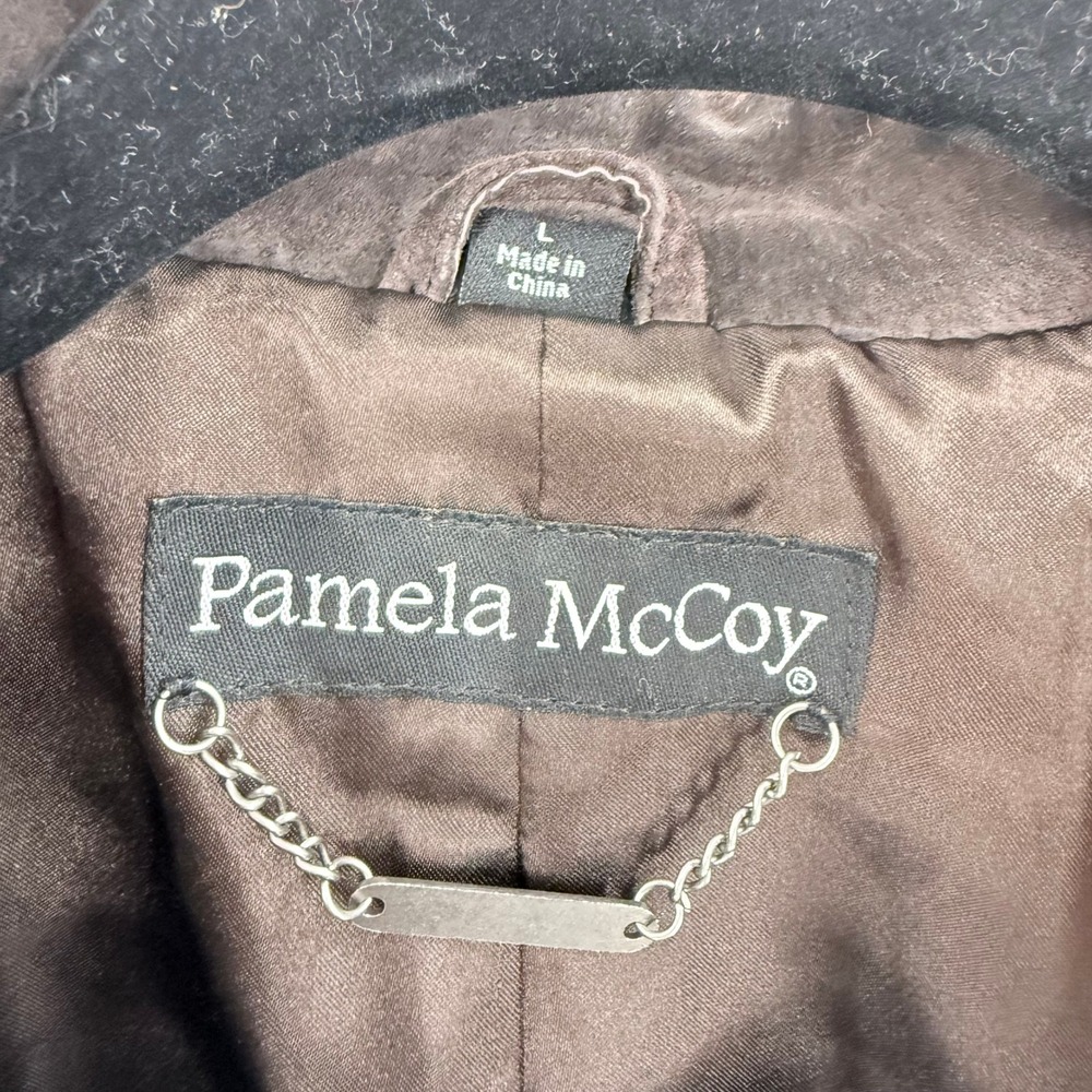 Vintage Pamela McCoy Brown Genuine Suede Leather Ruffle Military Jacket Large - Picture 3 of 7